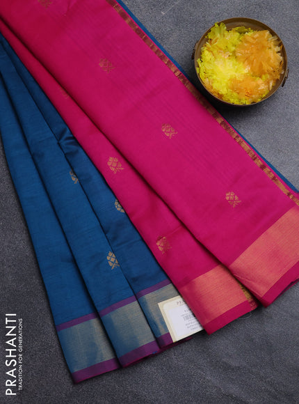 Semi silk cotton saree peacock blue and pink with zari woven buttas and zari woven border