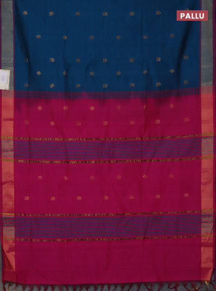 Semi silk cotton saree peacock blue and pink with zari woven buttas and zari woven border