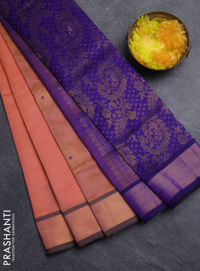 Semi silk cotton saree peach orange and blue with zari & thread woven buttas and zari woven border