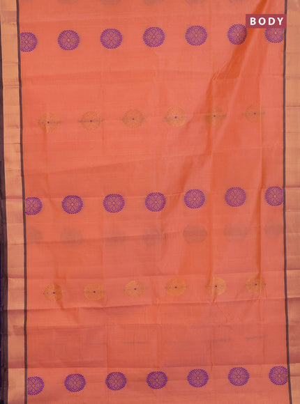 Semi silk cotton saree peach orange and blue with zari & thread woven buttas and zari woven border