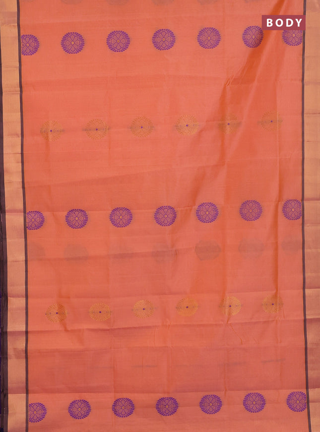 Semi silk cotton saree peach orange and blue with zari & thread woven buttas and zari woven border