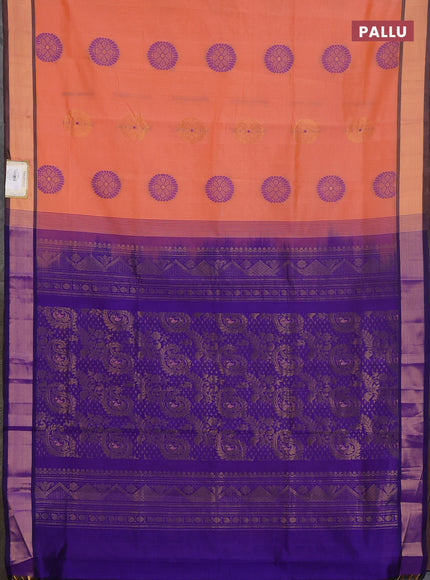 Semi silk cotton saree peach orange and blue with zari & thread woven buttas and zari woven border