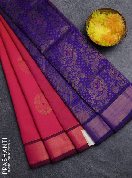 Semi silk cotton saree dual shade of pinkish orange and violet with zari woven buttas and zari oven border