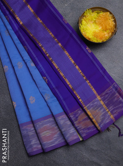 Semi silk cotton saree blue and violet with zari woven buttas and ikat zari woven border