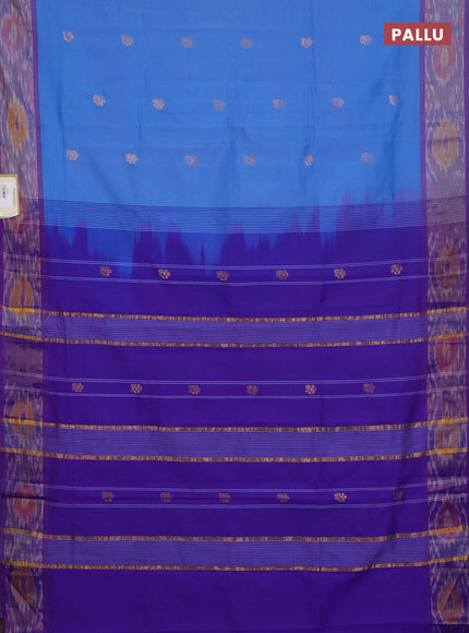 Semi silk cotton saree blue and violet with zari woven buttas and ikat zari woven border