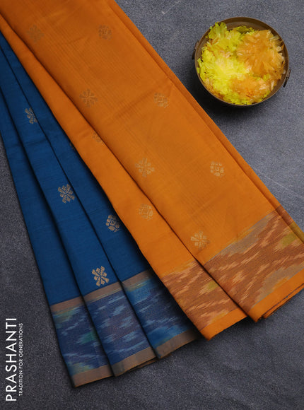 Semi silk cotton saree peacock blue and mustard yellow with zari woven buttas and ikat zari woven border