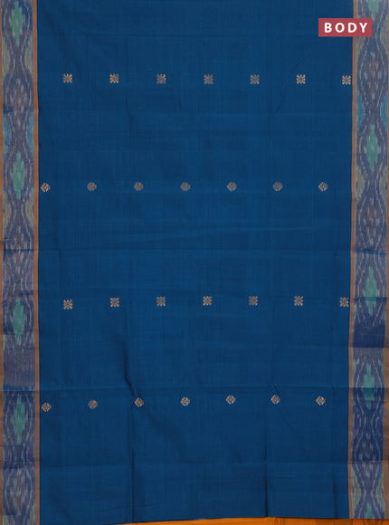 Semi silk cotton saree peacock blue and mustard yellow with zari woven buttas and ikat zari woven border