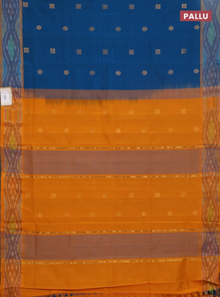 Semi silk cotton saree peacock blue and mustard yellow with zari woven buttas and ikat zari woven border