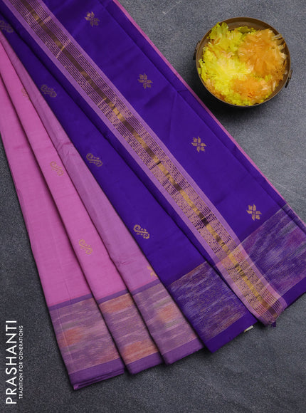 Semi silk cotton saree lavender and violet with zari woven buttas and ikat zari woven border