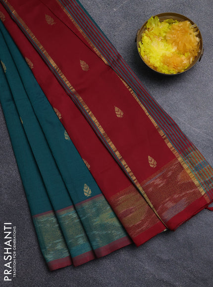 Semi silk cotton saree peacock green and maroon with zari woven buttas and ikat zari woven border