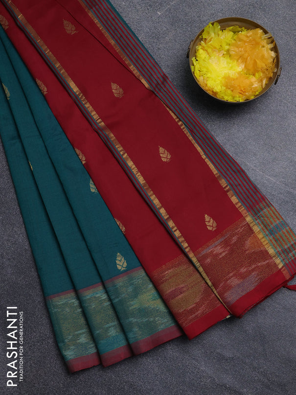 Semi silk cotton saree peacock green and maroon with zari woven buttas and ikat zari woven border