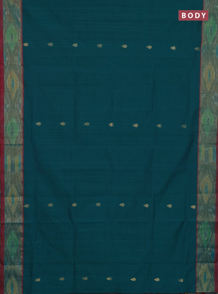 Semi silk cotton saree peacock green and maroon with zari woven buttas and ikat zari woven border