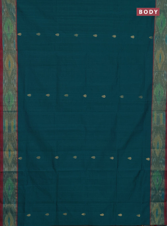 Semi silk cotton saree peacock green and maroon with zari woven buttas and ikat zari woven border