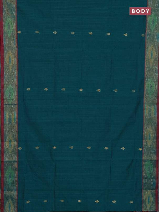 Semi silk cotton saree peacock green and maroon with zari woven buttas and ikat zari woven border