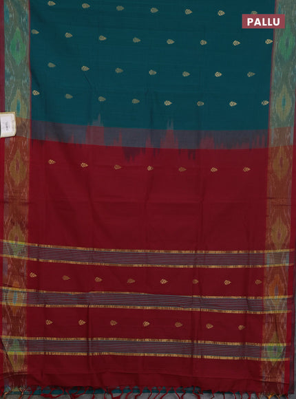 Semi silk cotton saree peacock green and maroon with zari woven buttas and ikat zari woven border