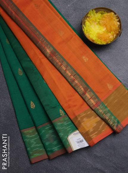 Semi silk cotton saree green and orange with zari woven buttas and ikat zari woven border