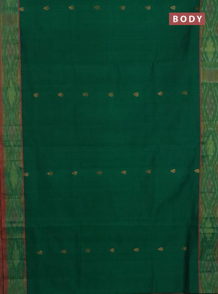 Semi silk cotton saree green and orange with zari woven buttas and ikat zari woven border