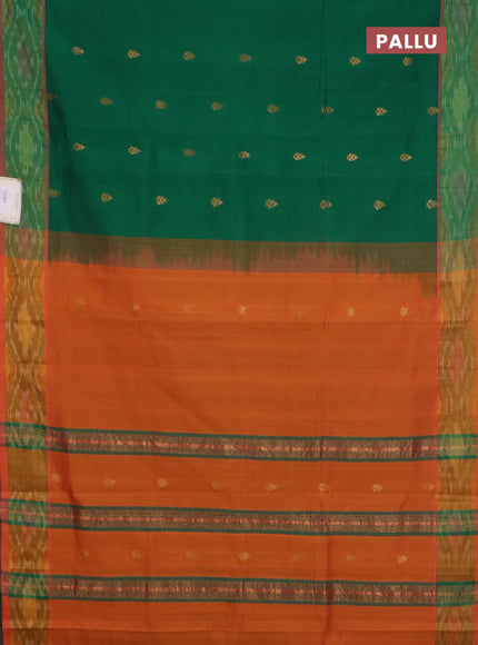 Semi silk cotton saree green and orange with zari woven buttas and ikat zari woven border