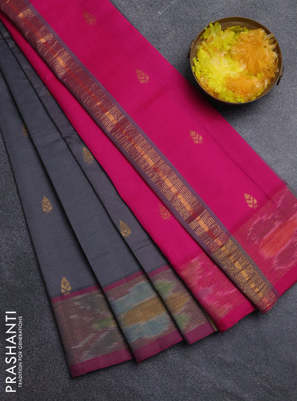 Semi silk cotton saree grey and pink with zari woven buttas and ikat zari woven border