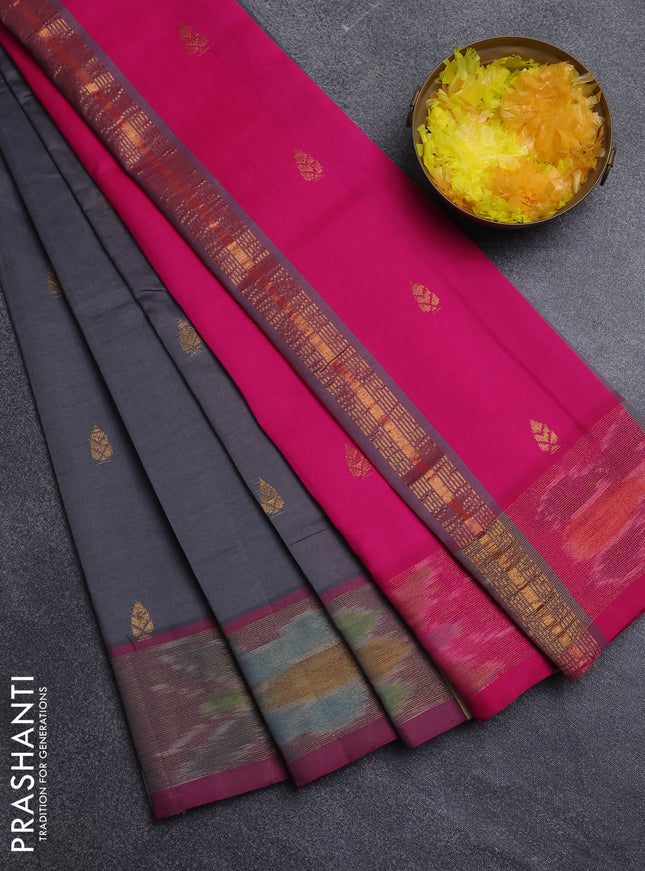 Semi silk cotton saree grey and pink with zari woven buttas and ikat zari woven border