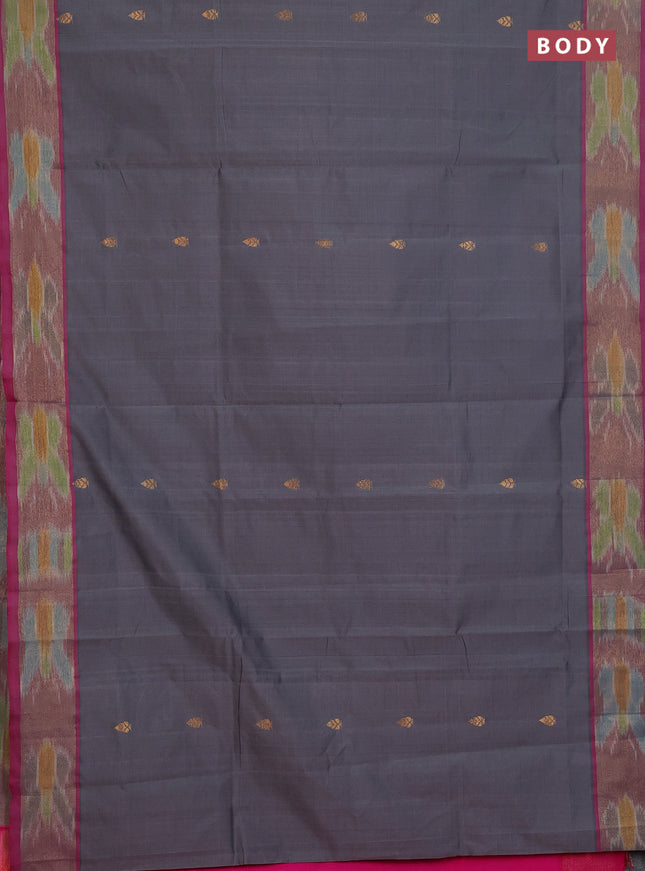 Semi silk cotton saree grey and pink with zari woven buttas and ikat zari woven border