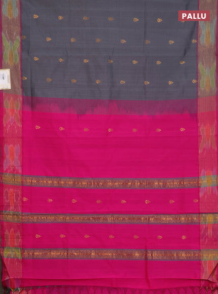 Semi silk cotton saree grey and pink with zari woven buttas and ikat zari woven border