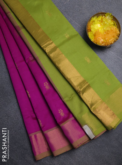 Semi silk cotton saree purple and light green with zari woven buttas and zari woven border