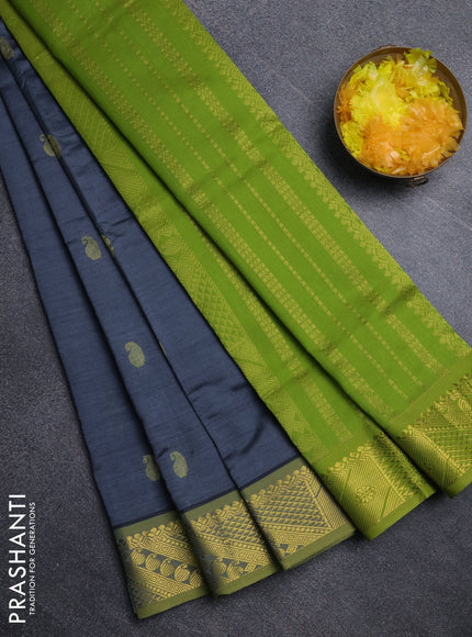 Semi silk cotton saree grey and light green with paisley zari woven buttas and zari woven border