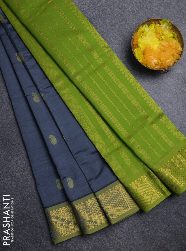 Semi silk cotton saree grey and light green with paisley zari woven buttas and zari woven border
