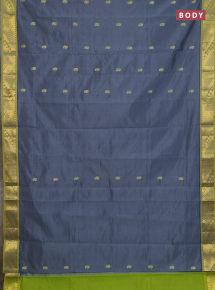 Semi silk cotton saree grey and light green with paisley zari woven buttas and zari woven border