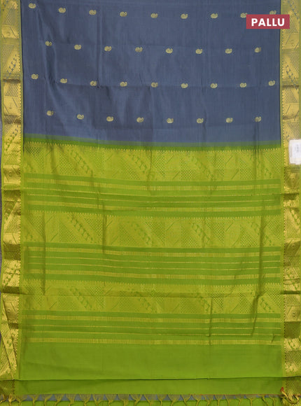 Semi silk cotton saree grey and light green with paisley zari woven buttas and zari woven border
