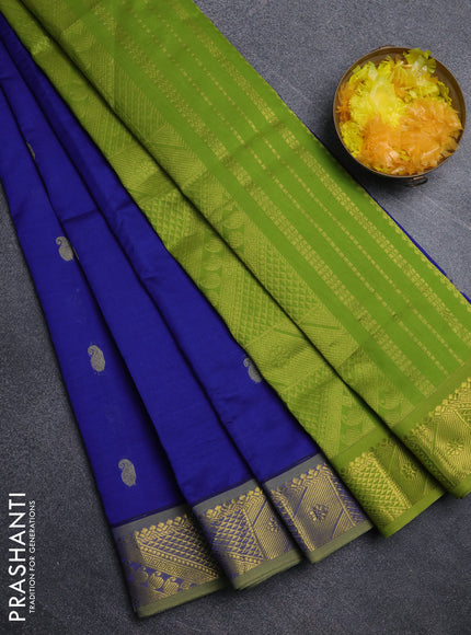 Semi silk cotton saree blue and light green with paisley zari woven buttas and zari woven border