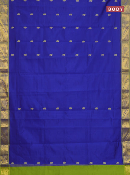 Semi silk cotton saree blue and light green with paisley zari woven buttas and zari woven border