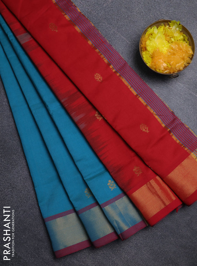 Semi silk cotton saree peacock green and red with zari woven buttas and zari woven border