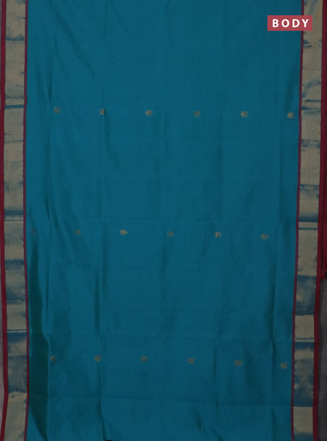 Semi silk cotton saree peacock green and red with zari woven buttas and zari woven border