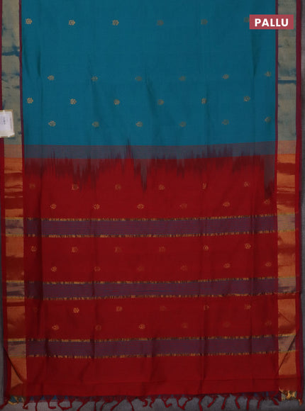 Semi silk cotton saree peacock green and red with zari woven buttas and zari woven border
