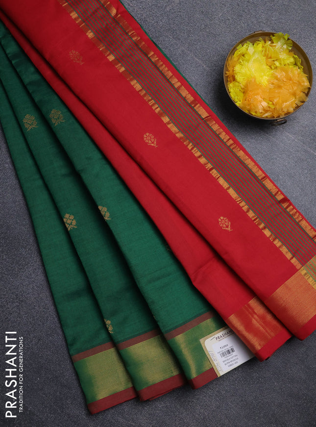 Semi silk cotton saree green and red with zari woven buttas and zari woven border