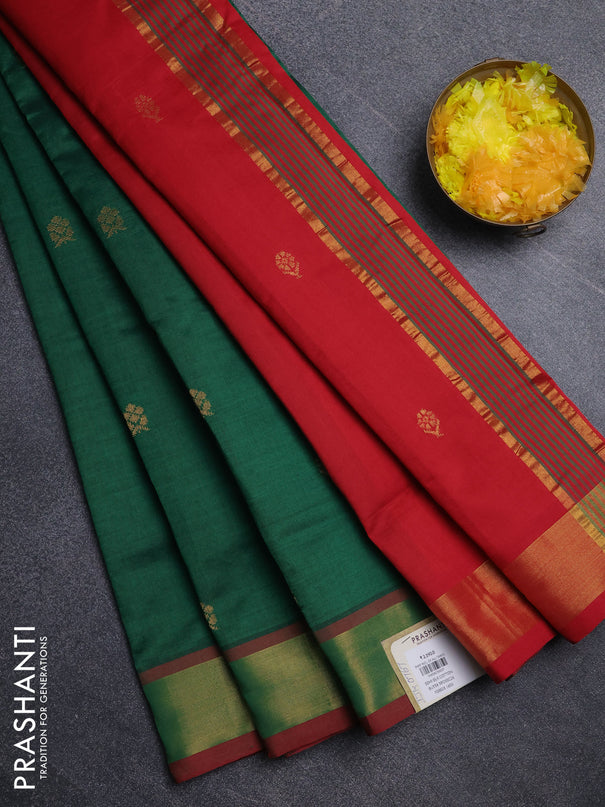 Semi silk cotton saree green and red with zari woven buttas and zari woven border