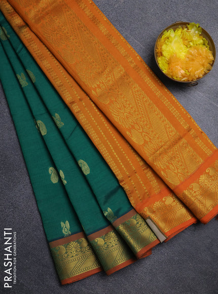 Semi silk cotton saree green and dark mustard with zari woven buttas and zari woven border