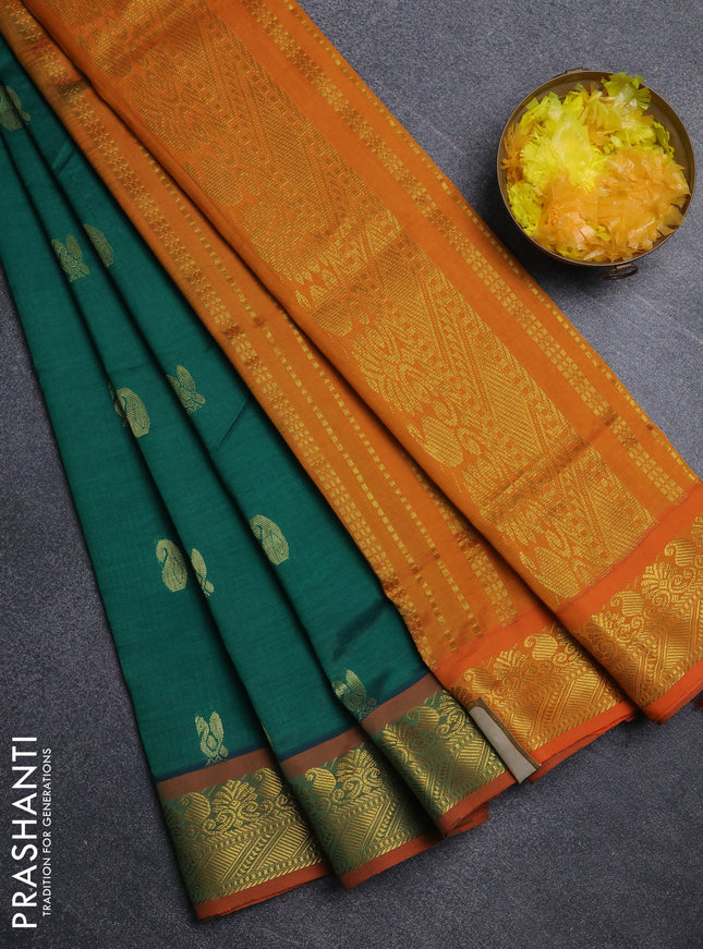 Semi silk cotton saree green and dark mustard with zari woven buttas and zari woven border