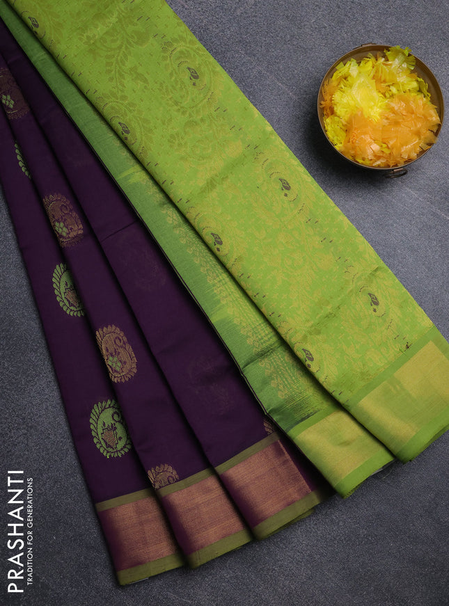 Semi silk cotton saree purple and light green with thread & zari woven buttas and zari woven border