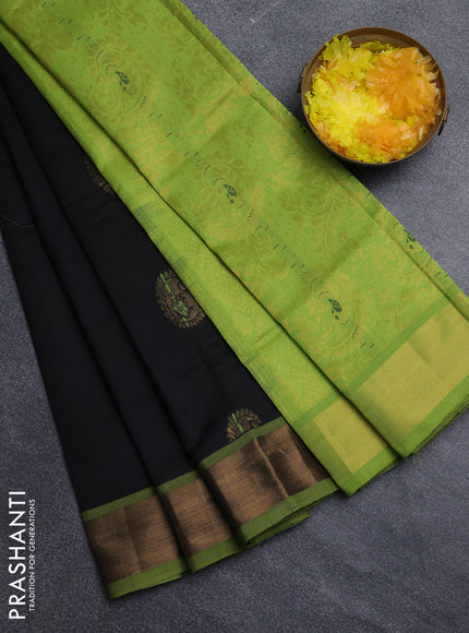 Semi silk cotton saree black and light green with thread & zari woven buttas and zari woven border