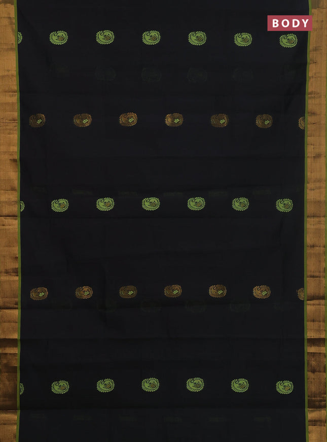 Semi silk cotton saree black and light green with thread & zari woven buttas and zari woven border