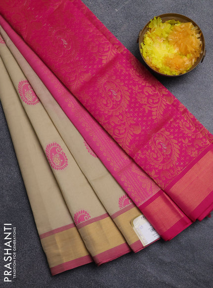Semi silk cotton saree beige and pink with zari woven buttas and zari woven border
