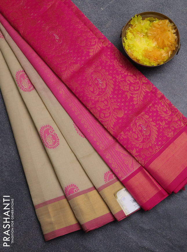 Semi silk cotton saree beige and pink with zari woven buttas and zari woven border