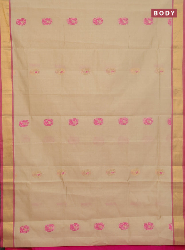 Semi silk cotton saree beige and pink with zari woven buttas and zari woven border