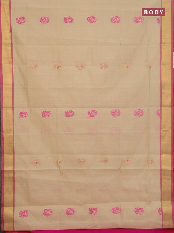 Semi silk cotton saree beige and pink with zari woven buttas and zari woven border