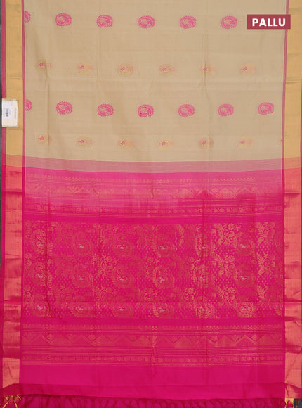 Semi silk cotton saree beige and pink with zari woven buttas and zari woven border