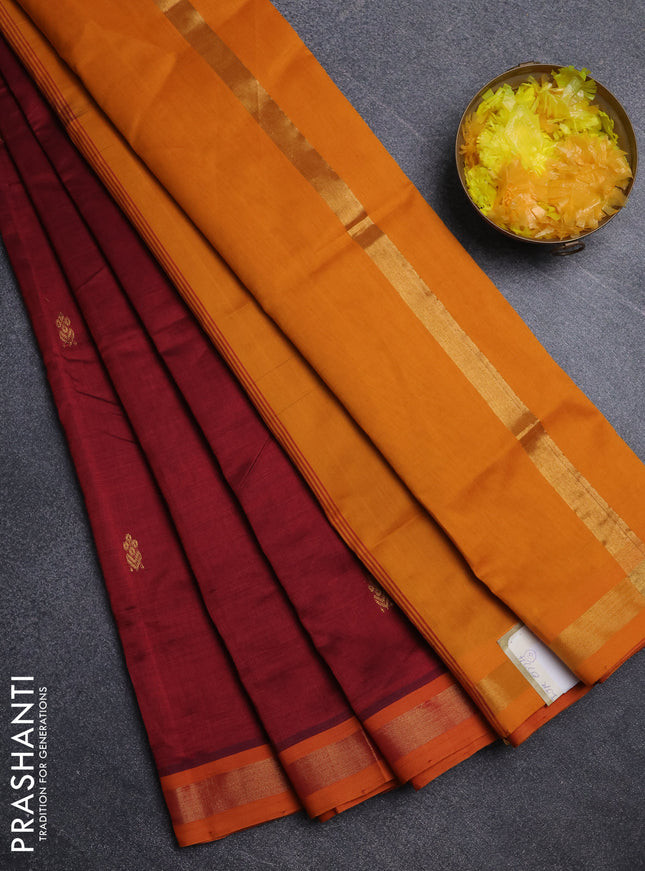 Semi silk cotton saree maroon and mustard yellow with zari woven buttas and zari woven border
