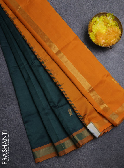 Semi silk cotton saree bottle green and mustard yellow with zari woven buttas and zari woven border